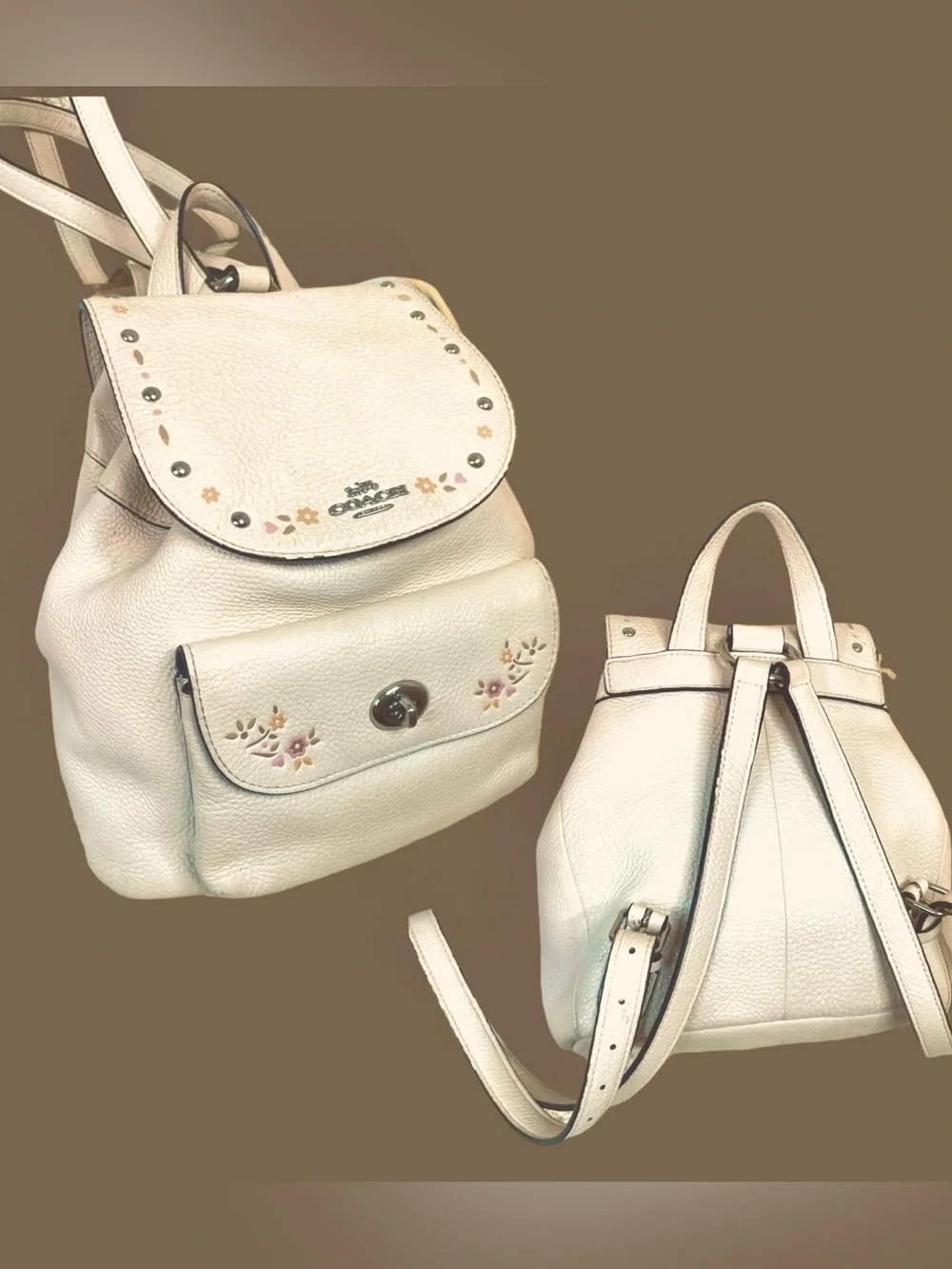 COACH Mini Billie Leather Floral Print Backpack, Chalk EUC FIRM SUPER CLEAN